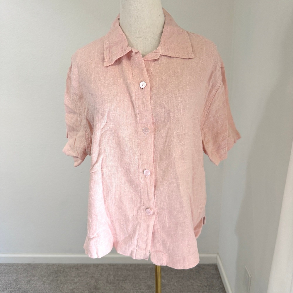 Clio Vintage 90s Linen Button Down Shirt Light Pink Short Sleeve‎ Womens Medium